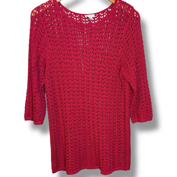 Chico's Sweater Women's Size 2 (Large) Ripened Raspberry Open Knit 3/4 Sleeve - Picture 1 of 5